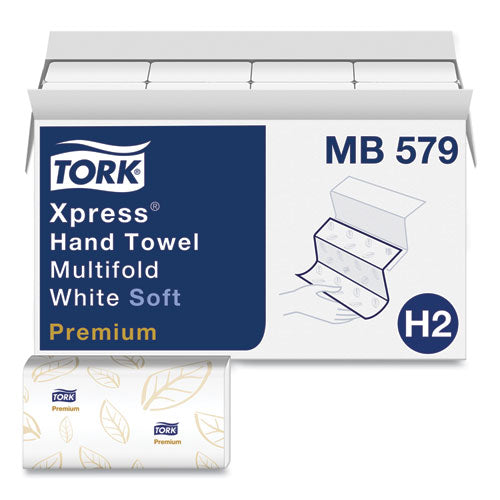 Image of Tork® MB579 Premium Soft Xpress 3-Panel Multifold Hand Towels, 2-Ply, 9.13 x 9.5, White/Blue Leaf, 135/Packs, 16 Packs/Carton