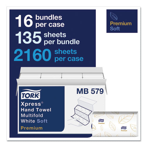Image of Tork® MB579 Premium Soft Xpress 3-Panel Multifold Hand Towels, 2-Ply, 9.13 x 9.5, White/Blue Leaf, 135/Packs, 16 Packs/Carton