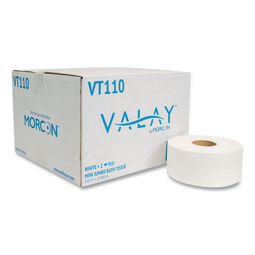 Image of Morcon Tissue VT110 Valay Mini Jumbo Bath Tissue, Septic Safe, 2-Ply, 3.25" x 750 ft, White, 12 Rolls/Carton
