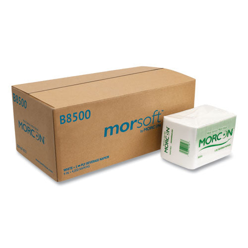 Image of Morcon Tissue B8500 Morsoft Beverage Napkins, 1-Ply, 9 x 9, White, 500/Pack, 8 Packs/Carton