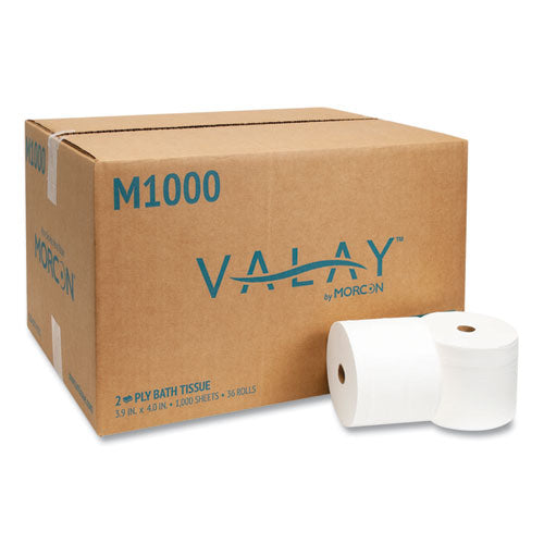 Image of Morcon Tissue M1000 Small Core Bath Tissue, Septic Safe, 2-Ply, White, 1,000 Sheets/Roll, 36 Rolls/Carton