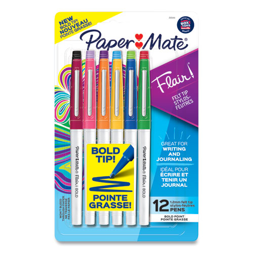 Image of Paper Mate® 2125414 Flair Felt Tip Porous Point Pen, Stick, Bold 1.2 Mm, Assorted Ink Colors, White Pearl Barrel, 12/pack