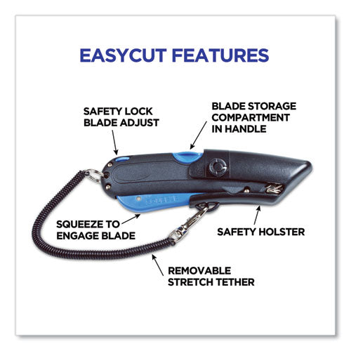 Image of COSCO 091524 Easycut Self-Retracting Cutter with Safety-Tip Blade, Holster and Lanyard, 6" Plastic Handle, Black/Blue