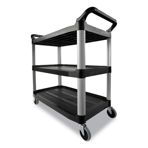 Image of Rubbermaid® Commercial FG342488BLA Three-Shelf Service Cart, Plastic, 3 Shelves, 200 lb Capacity, 18.63" x 33.63" x 37.75", Black