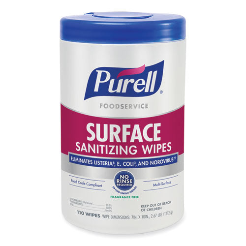 Image of PURELL® 9341-06 Foodservice Surface Sanitizing Wipes, 1-Ply, 10 x 7, Fragrance-Free, White, 110/Canister, 6 Canisters/Carton