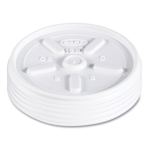 Image of Dart® 12JL Plastic Lids for Foam Cups, Bowls and Containers, Vented, Fits 6 oz to 14 oz, White, 100/Pack, 10 Packs/Carton
