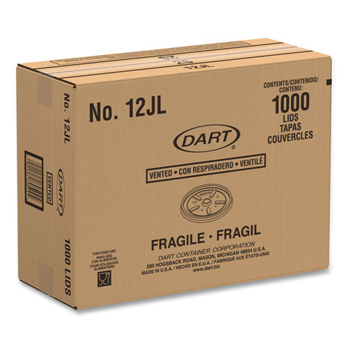 Image of Dart® 12JL Plastic Lids for Foam Cups, Bowls and Containers, Vented, Fits 6 oz to 14 oz, White, 100/Pack, 10 Packs/Carton
