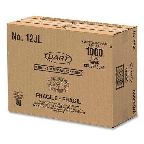 Image of Dart® 12JL Plastic Lids for Foam Cups, Bowls and Containers, Vented, Fits 6 oz to 14 oz, White, 100/Pack, 10 Packs/Carton