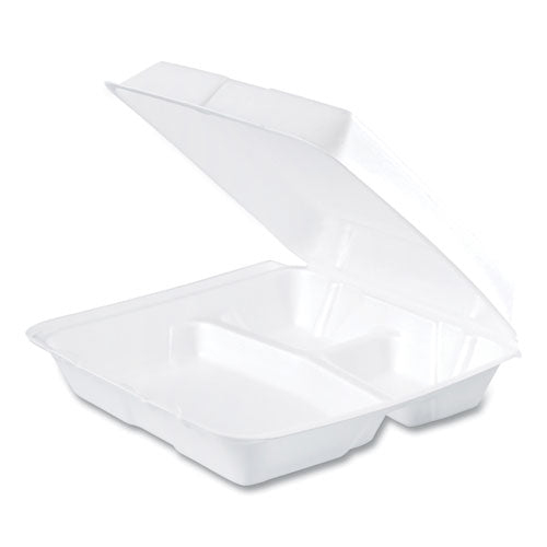 Image of Dart® 95HT3R Foam Hinged Lid Containers, 3 Compartments, 9.25 x 9.5 x 3, White, 100/Sleeve, 2 Sleeves/Carton