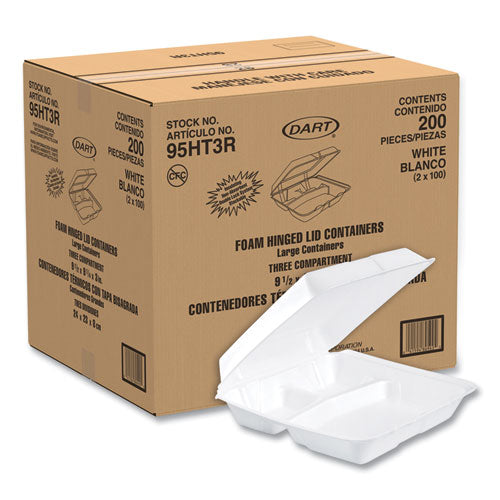 Image of Dart® 95HT3R Foam Hinged Lid Containers, 3 Compartments, 9.25 x 9.5 x 3, White, 100/Sleeve, 2 Sleeves/Carton