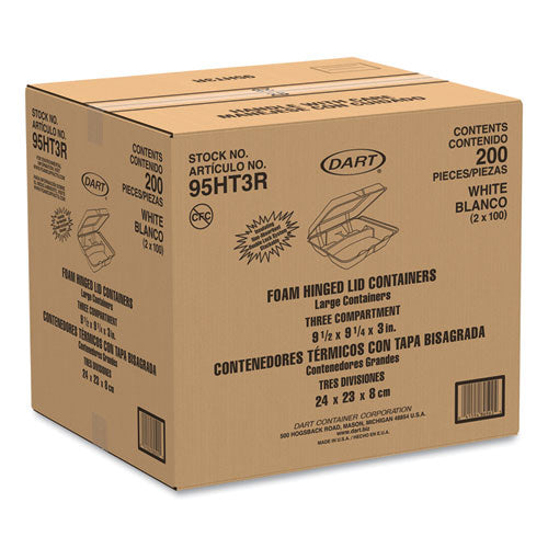 Image of Dart® 95HT3R Foam Hinged Lid Containers, 3 Compartments, 9.25 x 9.5 x 3, White, 100/Sleeve, 2 Sleeves/Carton