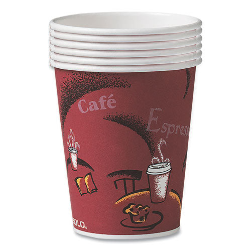 Image of SOLO® OF8BI-0041 Paper Hot Drink Cups in Bistro Design, 8 oz, Maroon, 500/Carton