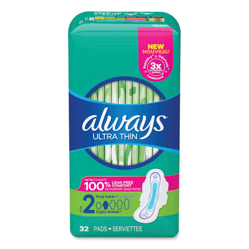 Image of Always® 97020 Ultra Thin Pads With Wings, Size 2, Long, Super Absorbent, 32/pack, 3 Packs/carton