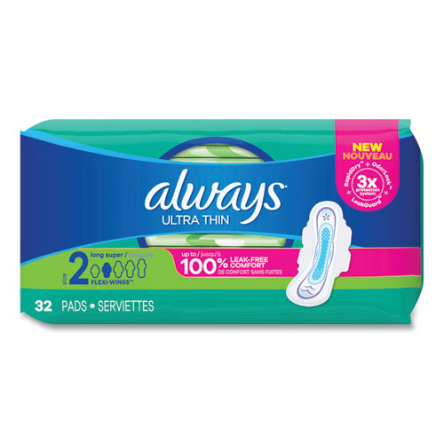 Image of Always® 97020 Ultra Thin Pads With Wings, Size 2, Long, Super Absorbent, 32/pack, 3 Packs/carton