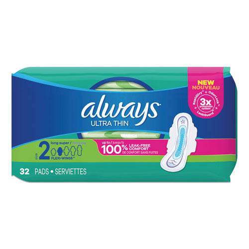 Image of Always® 97020PK Ultra Thin Pads With Wings, Size 2, Long, Super Absorbent, 32/pack
