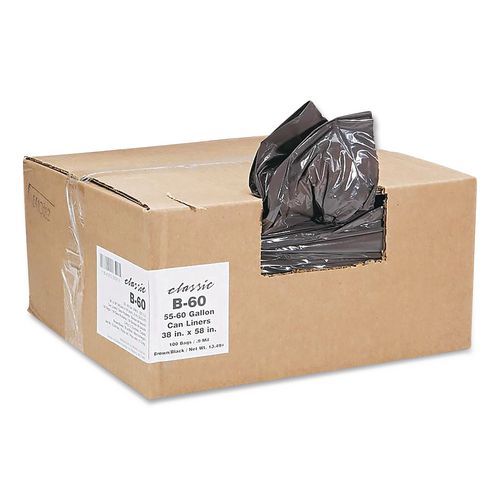 Image of Classic WEBB60-790196 Linear Low-Density Can Liners, 60 gal, 0.9 mil, 38 x 58, Black, 10 Bags/Roll, 10 Rolls/Carton