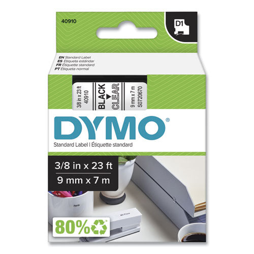 Image of DYMO® 40910/S0720670 D1 High-Performance Polyester Removable Label Tape, 0.37" X 23 Ft, Black On Clear