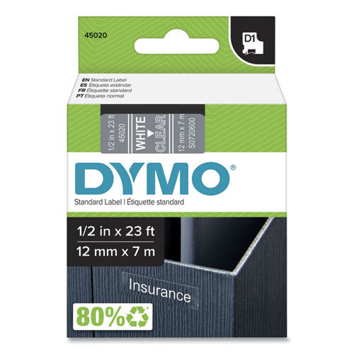 Image of DYMO® 45020/S0720600 D1 High-Performance Polyester Removable Label Tape, 0.5" X 23 Ft, White On Clear