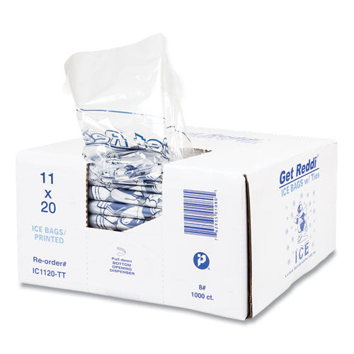 Image of Inteplast Group IC1120-TT Ice Bags with Twist-Ties, Ice: Penguin Icon Labeling, 8 lb Capacity, 11" x 20", Clear, 1,000/Carton