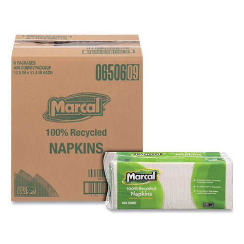 Image of Marcal® 6506 100% Recycled Luncheon Napkins, 1 Ply, 11.4 x 12.5, White, 400/Pack, 6 Packs/Carton