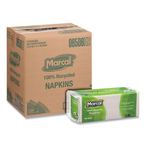 Image of Marcal® 6506 100% Recycled Luncheon Napkins, 1 Ply, 11.4 x 12.5, White, 400/Pack, 6 Packs/Carton