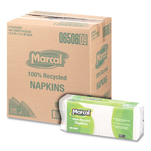 Image of Marcal® 6506 100% Recycled Luncheon Napkins, 1 Ply, 11.4 x 12.5, White, 400/Pack, 6 Packs/Carton