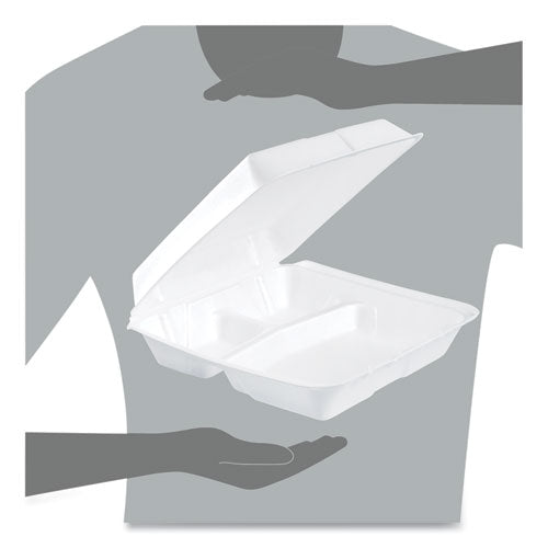 Image of Dart® 95HT3R Foam Hinged Lid Containers, 3 Compartments, 9.25 x 9.5 x 3, White, 100/Sleeve, 2 Sleeves/Carton