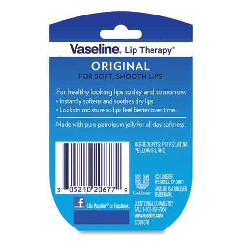 Image of Vaseline® 20677CT Lip Therapy, Original Flavor, 0.25 oz Plastic Flip-Top Container, 32/Carton