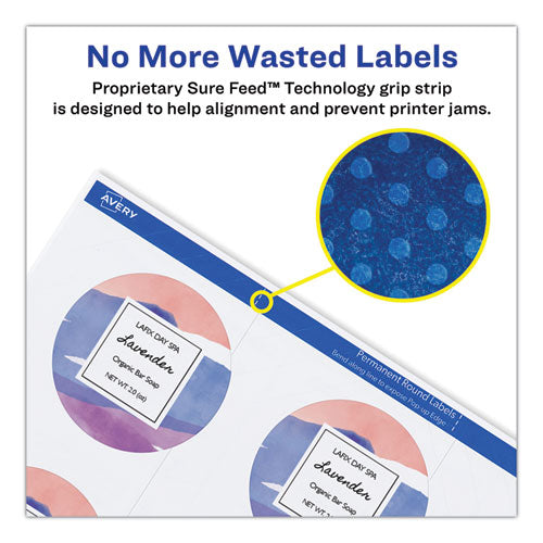 Image of Avery® 22877 Round Print-to-the Edge Labels with SureFeed and EasyPeel, 2" dia, Matte White, 300/Pack