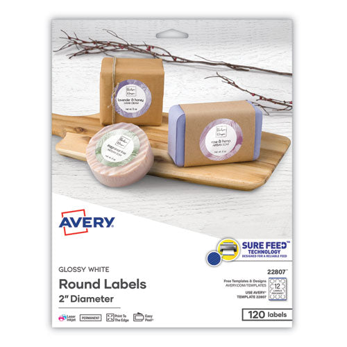 Image of Avery® 22807 Round Print-To-The Edge Labels With Sure Feed And Easy Peel, 2" Dia, Glossy White, 120/pk