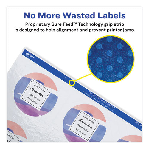 Image of Avery® 22807 Round Print-To-The Edge Labels With Sure Feed And Easy Peel, 2" Dia, Glossy White, 120/pk