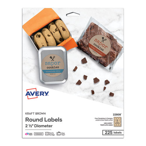 Image of Avery® 22808 Round Brown Kraft Print-To-The-Edge Labels, 2.5" Dia, 225/pk