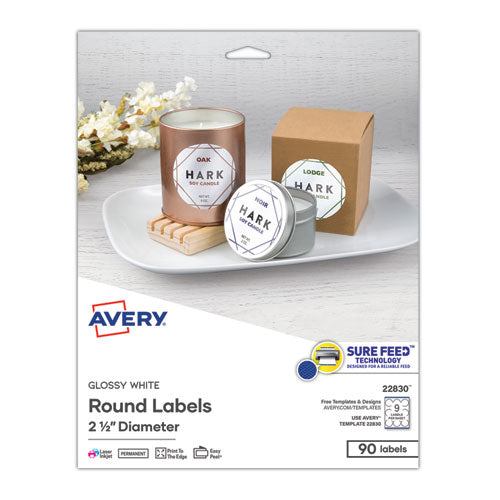 Image of Avery® 22830 Round Print-To-The Edge Labels With Surefeed, 2.5" Dia, Glossy White, 90/pk