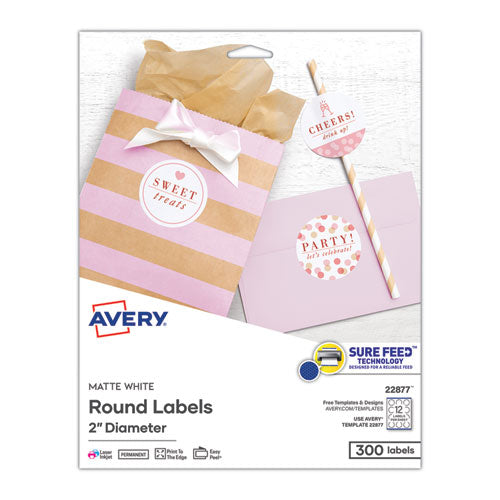 Image of Avery® 22877 Round Print-to-the Edge Labels with SureFeed and EasyPeel, 2" dia, Matte White, 300/Pack
