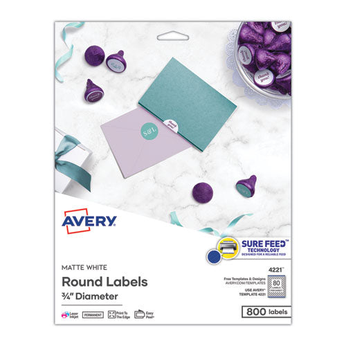 Image of Avery® 04221 Printable Self-Adhesive Permanent ID Labels w/Sure Feed, 0.75" dia, White 800/PK