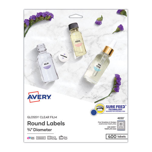 Image of Avery® 04222 Printable Self-Adhesive Permanent ID Labels w/Sure Feed, 0.75" dia, Clear, 400/PK