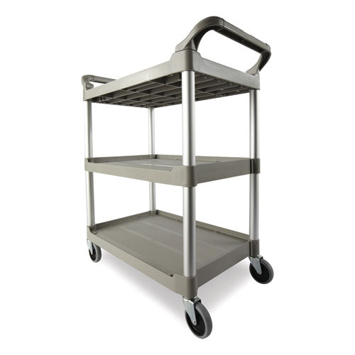 Image of Rubbermaid® Commercial FG342488PLAT Three-Shelf Service Cart, Plastic, 3 Shelves, 200 lb Capacity, 18.63" x 33.63" x 37.75", Platinum