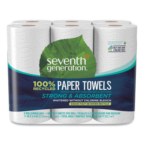 Image of Seventh Generation® 13731 100% Recycled Paper Kitchen Towel Rolls, 2-Ply, 11 x 5.4, 140 Sheets/Roll, 6 Rolls/Pack