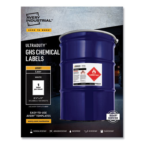 Image of Avery® 60501 Ultraduty Ghs Chemical Waterproof And Uv Resistant Labels, 8.5 X 11, White, 50/box
