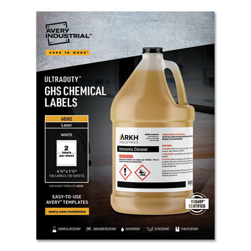 Image of Avery® 60502 Ultraduty Ghs Chemical Waterproof And Uv Resistant Labels, 4.75 X 7.75, White, 2/sheet, 50 Sheets/box