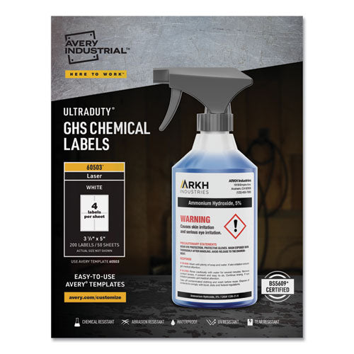 Image of Avery® 60503 Ultraduty Ghs Chemical Waterproof And Uv Resistant Labels, 3.5 X 5, White, 4/sheet, 50 Sheets/box