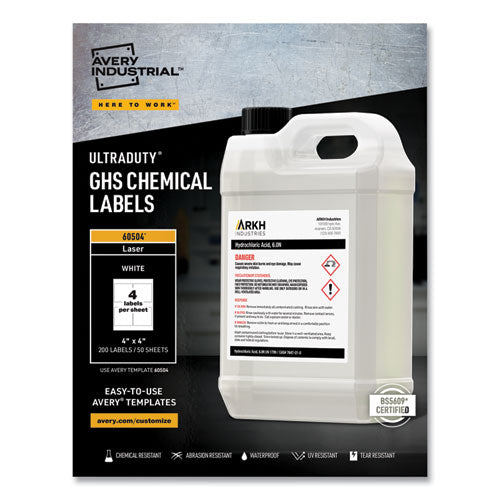 Image of Avery® 60504 Ultraduty Ghs Chemical Waterproof And Uv Resistant Labels, 4 X 4, White, 4/sheet, 50 Sheets/box