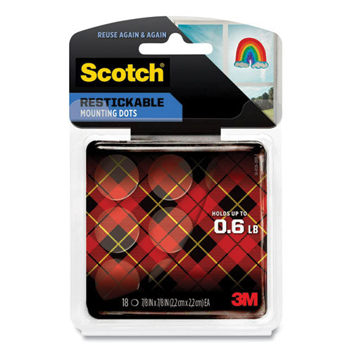Image of Scotch® R105S Restickable Mounting Tabs, Holds Up to 0.6 lb, 0.88" Pre-Cut Circles, Clear, 18/Pack