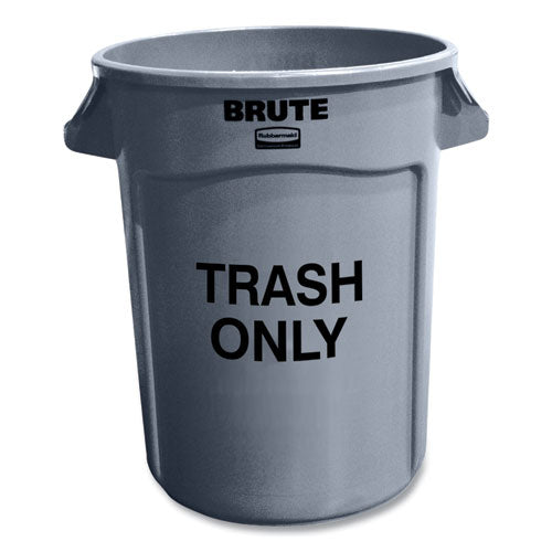 Image of Rubbermaid® Commercial FG263294GRAY Vented Round Brute Container, "Trash Only" Imprint, 32 gal, Plastic, Gray