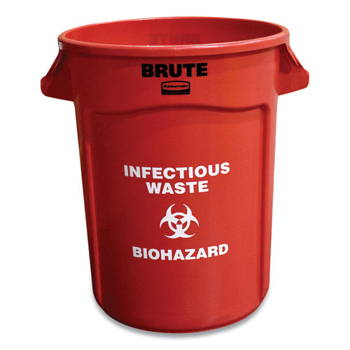 Image of Rubbermaid® Commercial SMFG263200RED Vented Round Brute Container, "Infectious Waste: Biohazard" Imprint, 32 gal, Plastic, Red