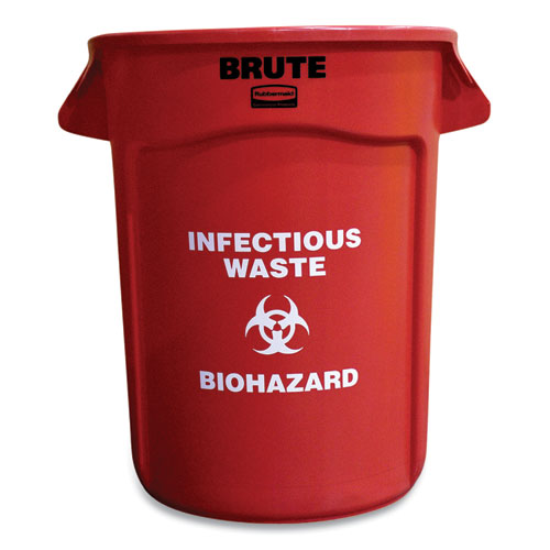 Image of Rubbermaid® Commercial SMFG263200RED Vented Round Brute Container, "Infectious Waste: Biohazard" Imprint, 32 gal, Plastic, Red