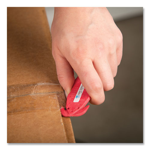 Image of San Jamar® KK403 Klever Kutter Safety Cutter, 3 Razor Blades, 1" Blade, 4" Plastic Handle, Red