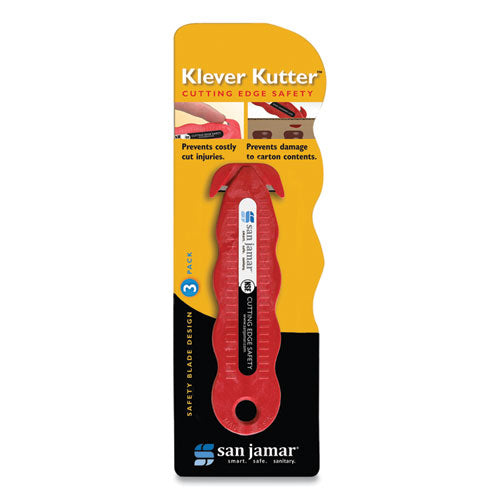 Image of San Jamar® KK403 Klever Kutter Safety Cutter, 3 Razor Blades, 1" Blade, 4" Plastic Handle, Red