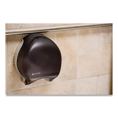Image of San Jamar® R2000TBK Single 9" Jumbo Bath Tissue Dispenser, Classic, 10.25 x 5.63 x 12, Transparent Black Pearl