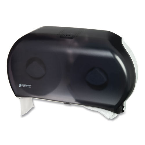Image of San Jamar® R4000TBK Twin 9" Jumbo BathTissue Dispenser, Classic, 19 x 5.25 x 12, Transparent Black Pearl